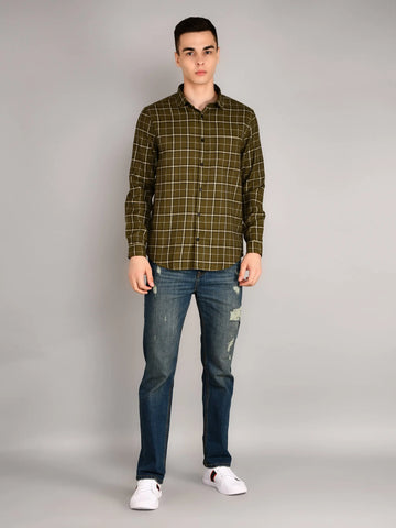 Olive Checks Checkered Regular Fit Shirt TIM PARIS