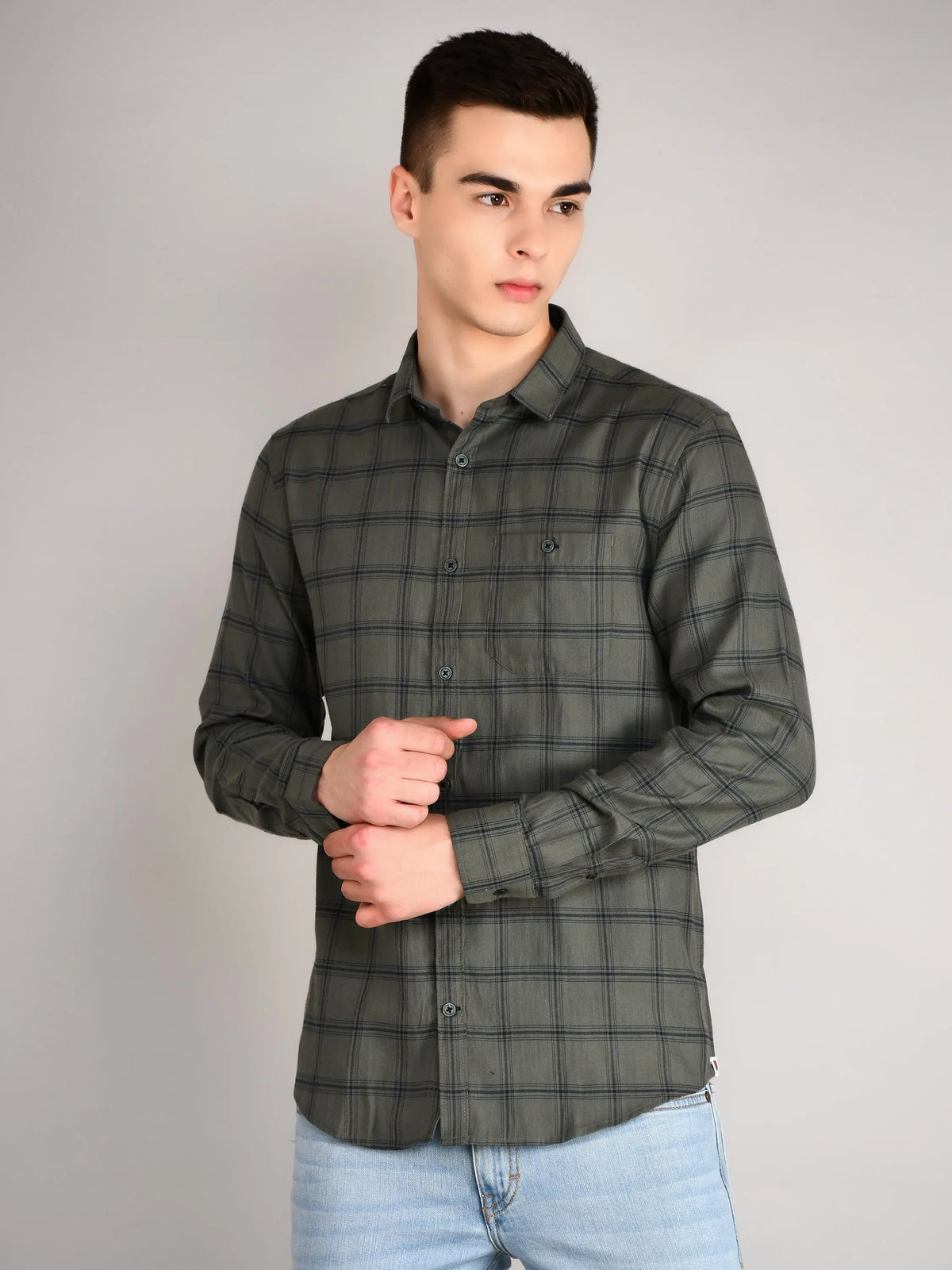 Olive Green Checkered Regular Fit Shirt TIM PARIS