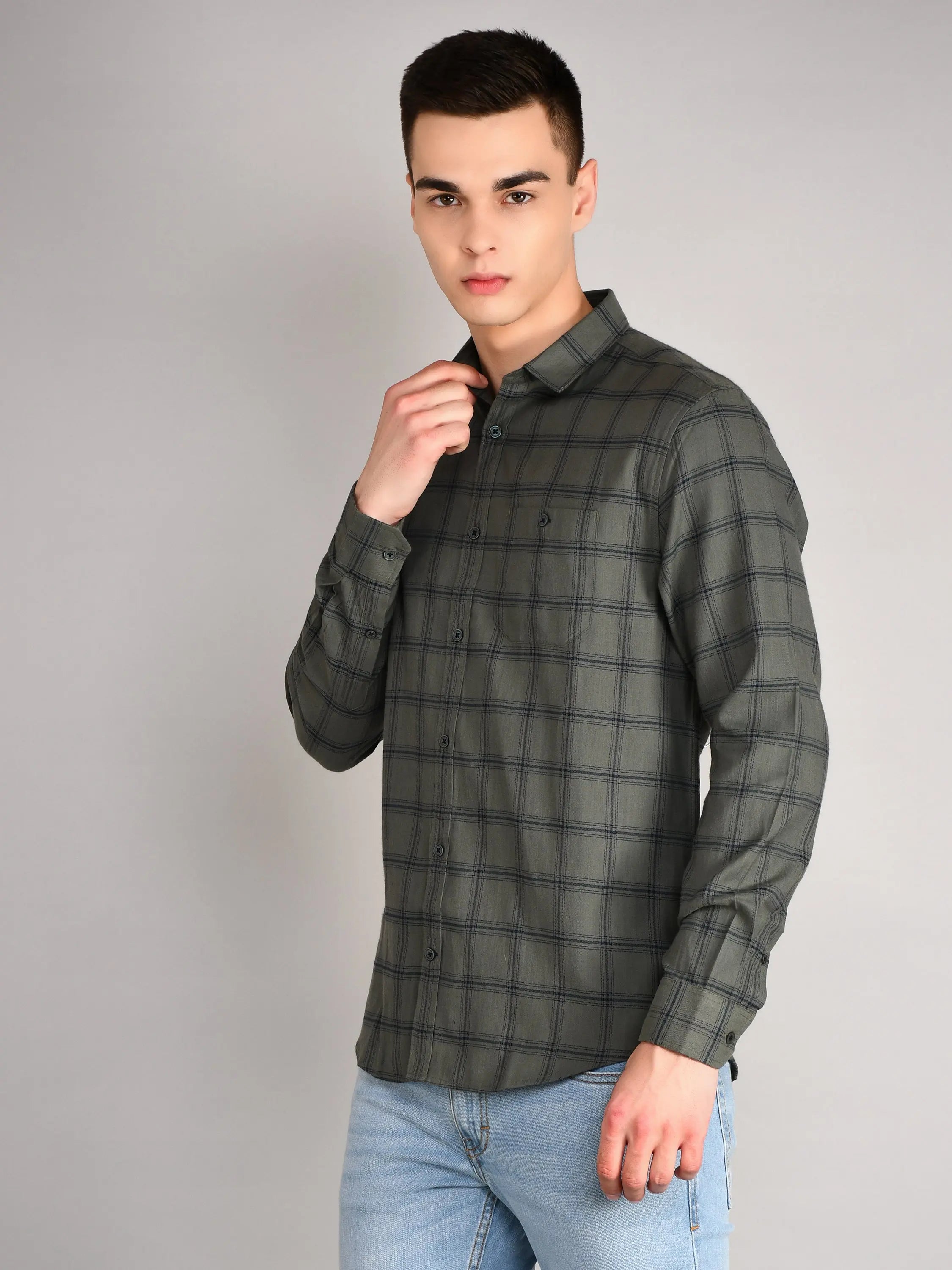 Olive Green Checkered Regular Fit Shirt TIM PARIS