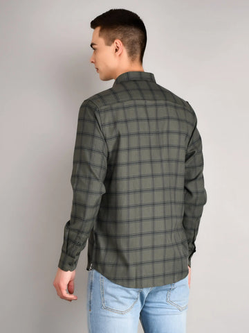 Olive Green Checkered Regular Fit Shirt TIM PARIS