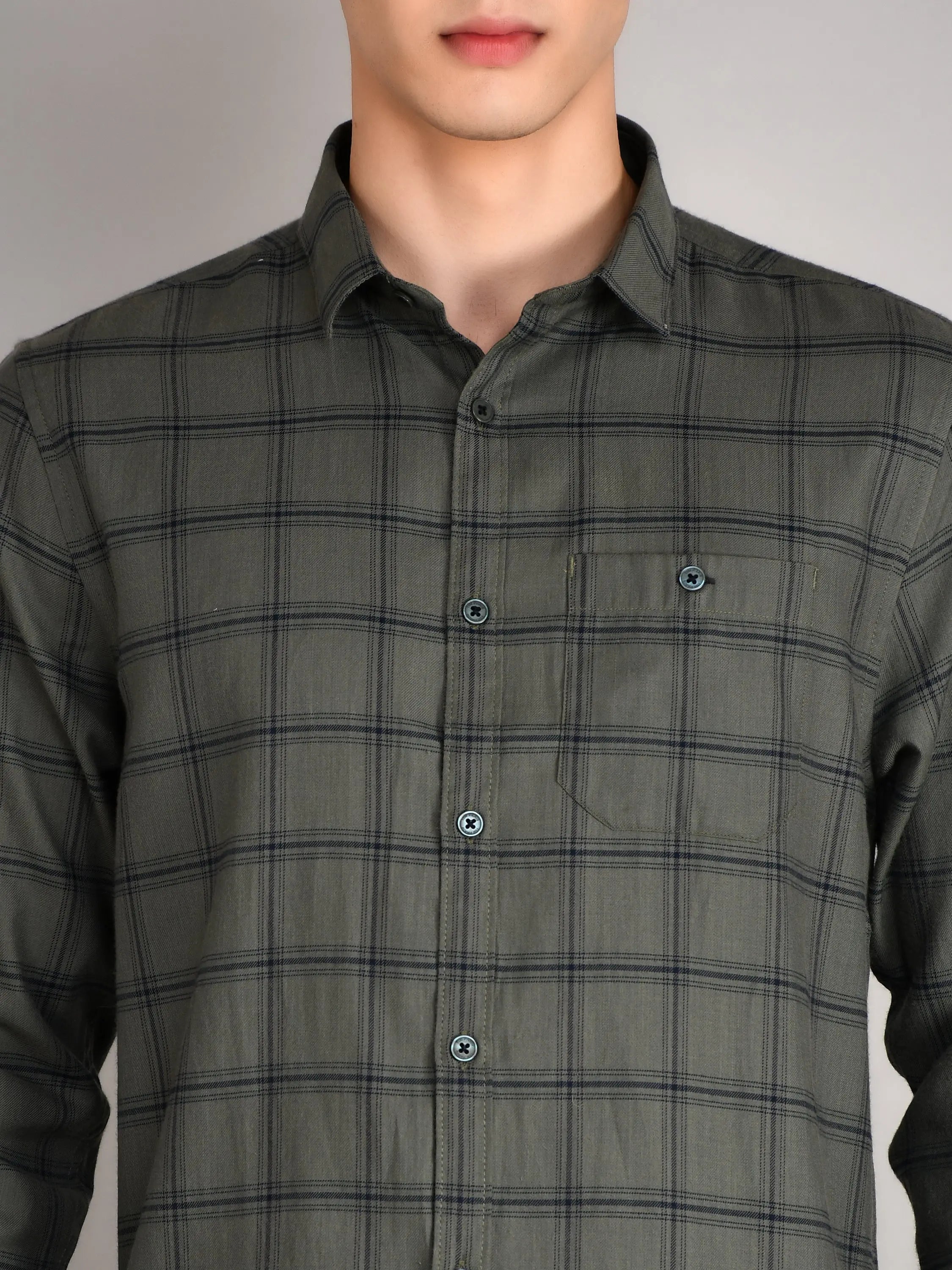 Olive Green Checkered Regular Fit Shirt TIM PARIS