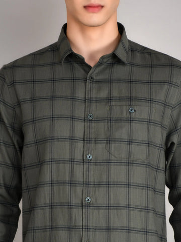 Olive Green Checkered Regular Fit Shirt TIM PARIS
