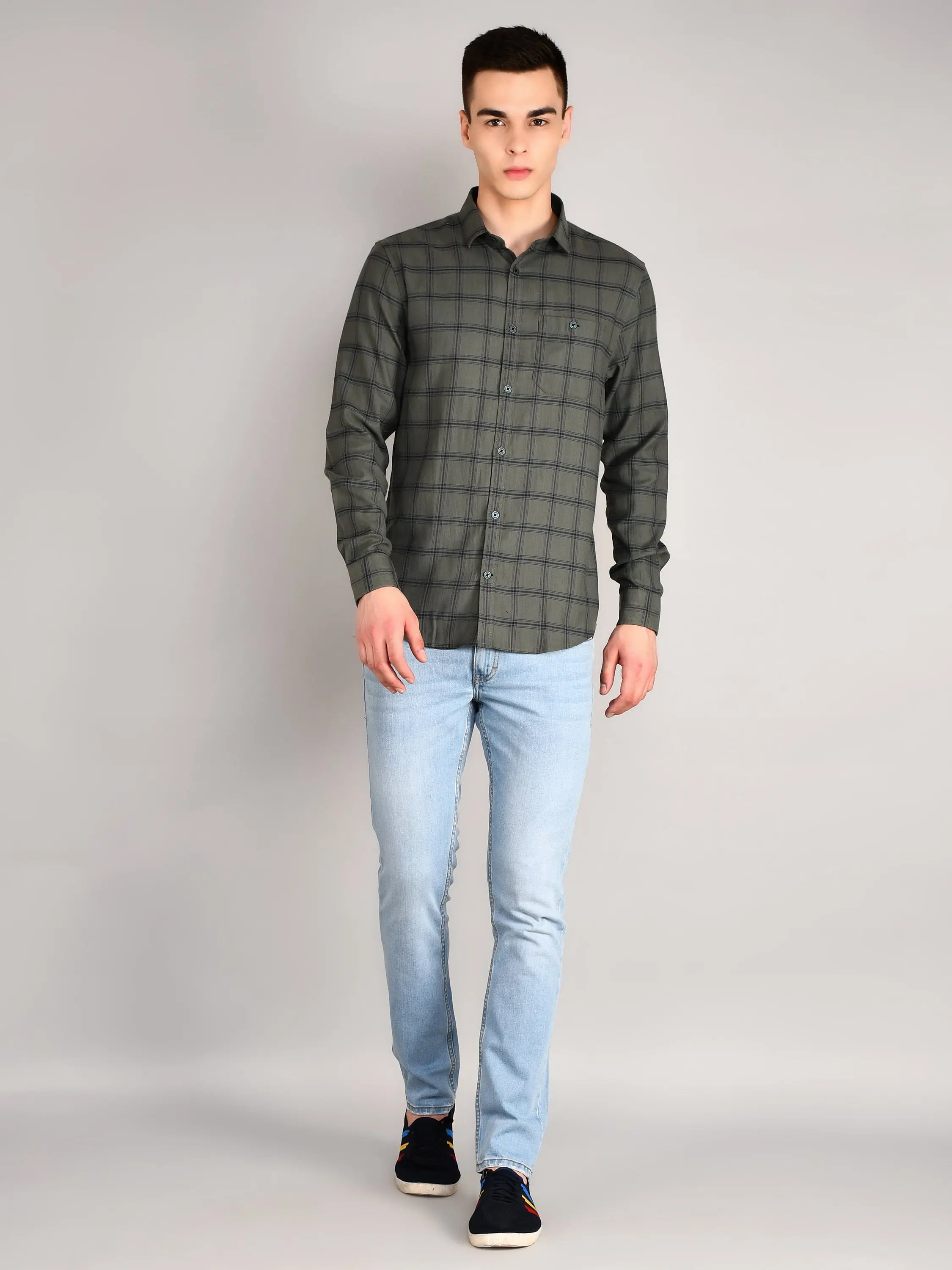 Olive Green Checkered Regular Fit Shirt TIM PARIS