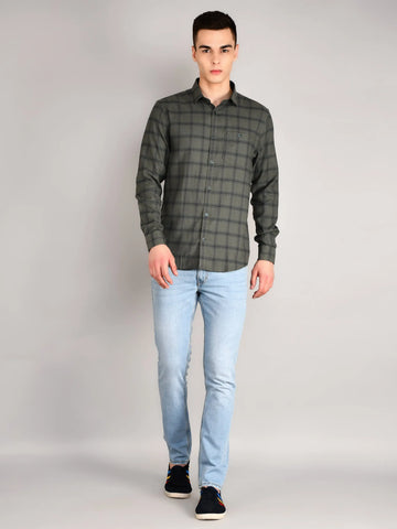 Olive Green Checkered Regular Fit Shirt TIM PARIS