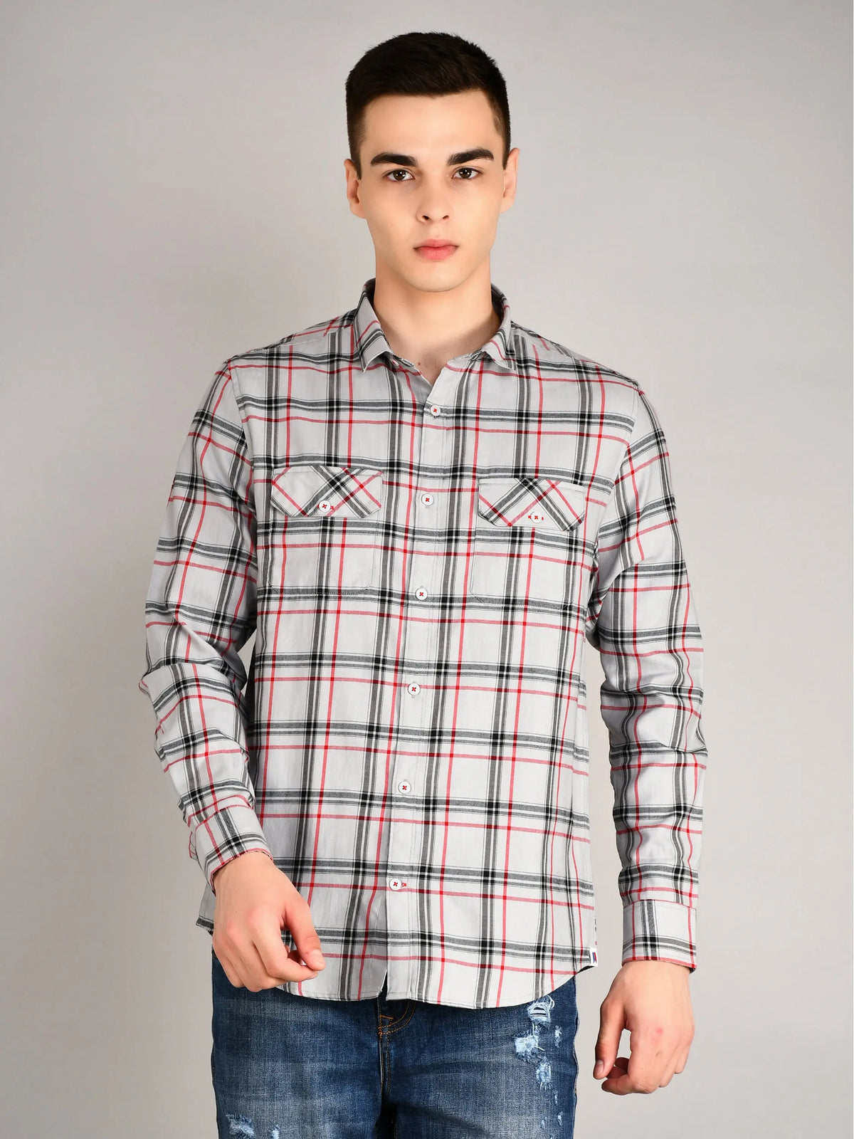 Ash Grey Checkered Regular Fit Shirt TIM PARIS