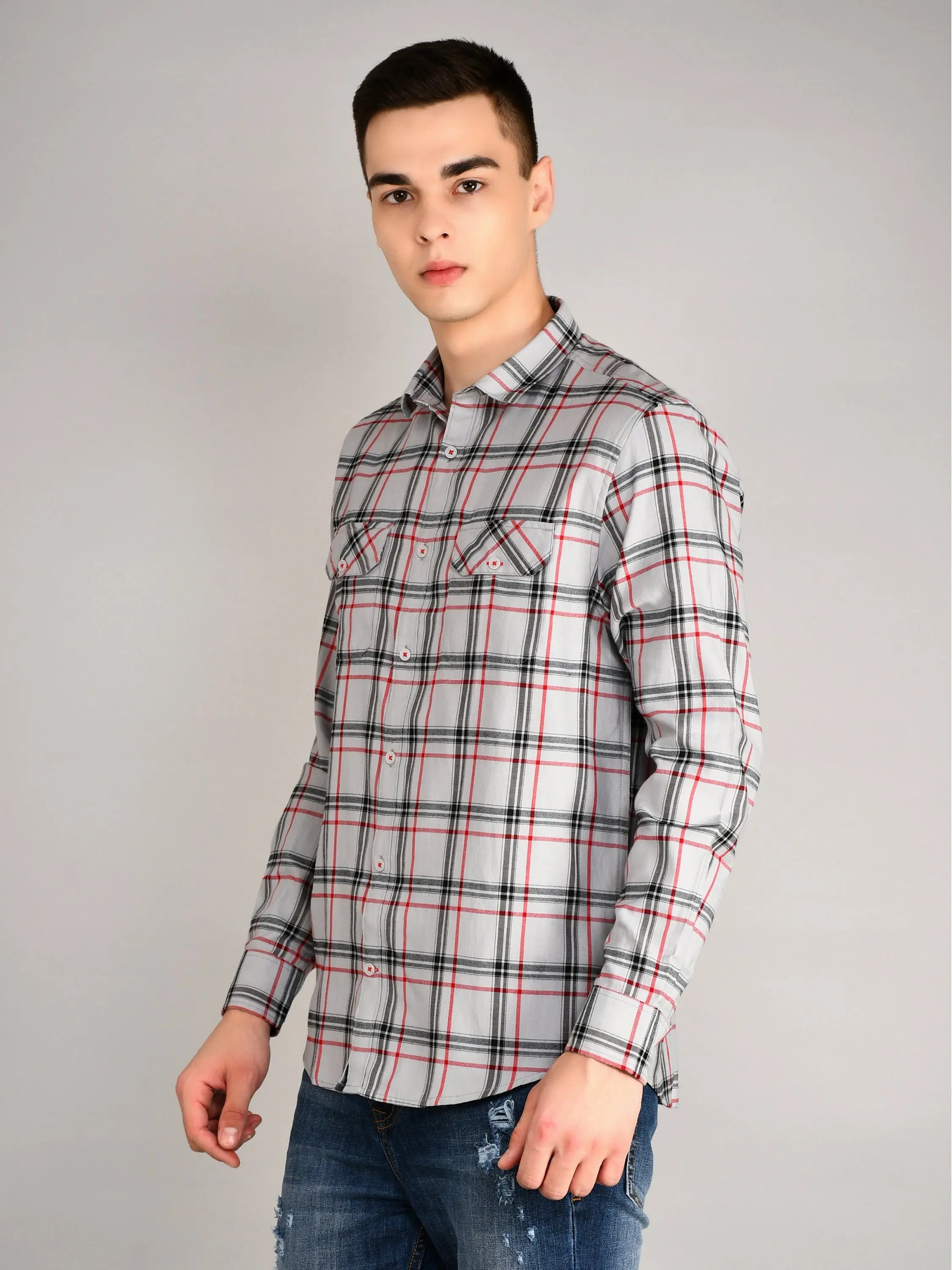 Ash Grey Checkered Regular Fit Shirt TIM PARIS