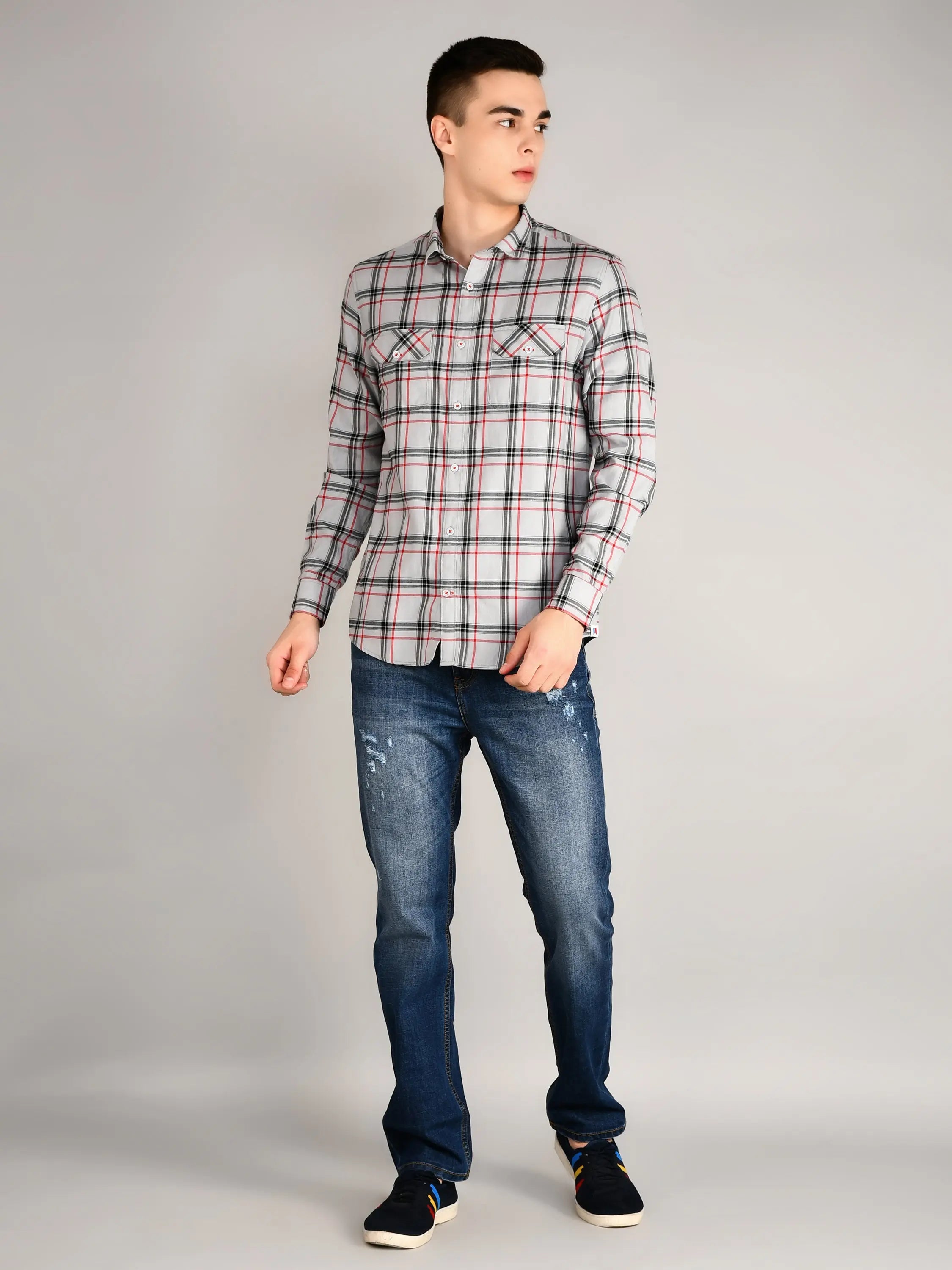 Ash Grey Checkered Regular Fit Shirt TIM PARIS