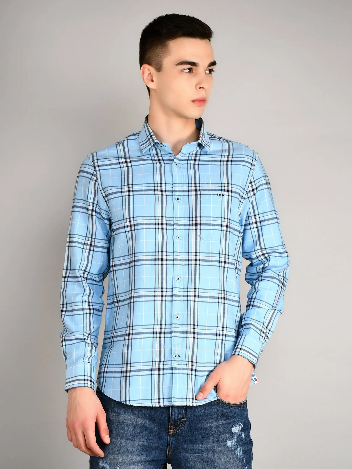 Light Blue Checkered Regular Fit Shirt TIM PARIS