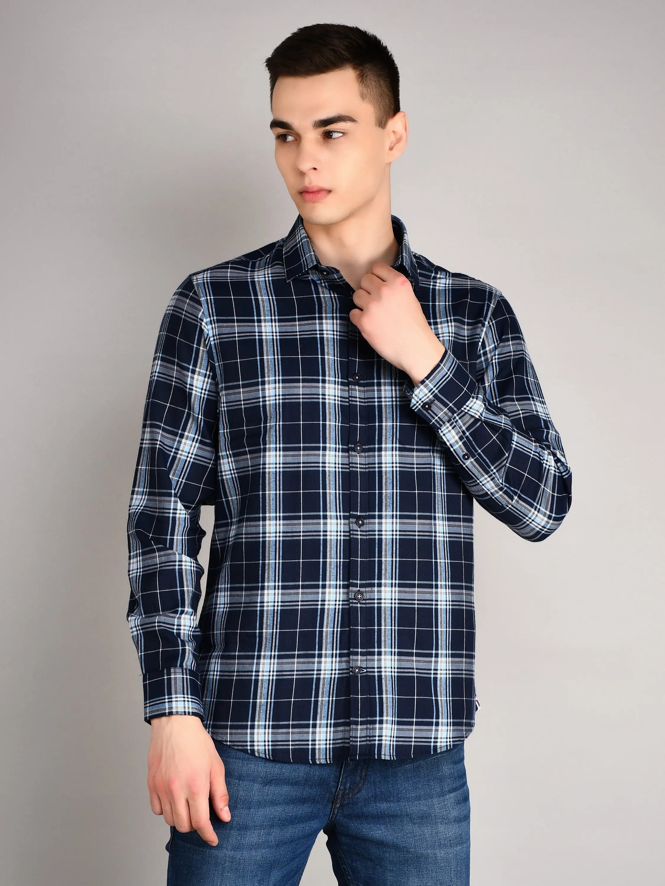 Navy Blue Checkered Regular Fit Shirt Tim Paris