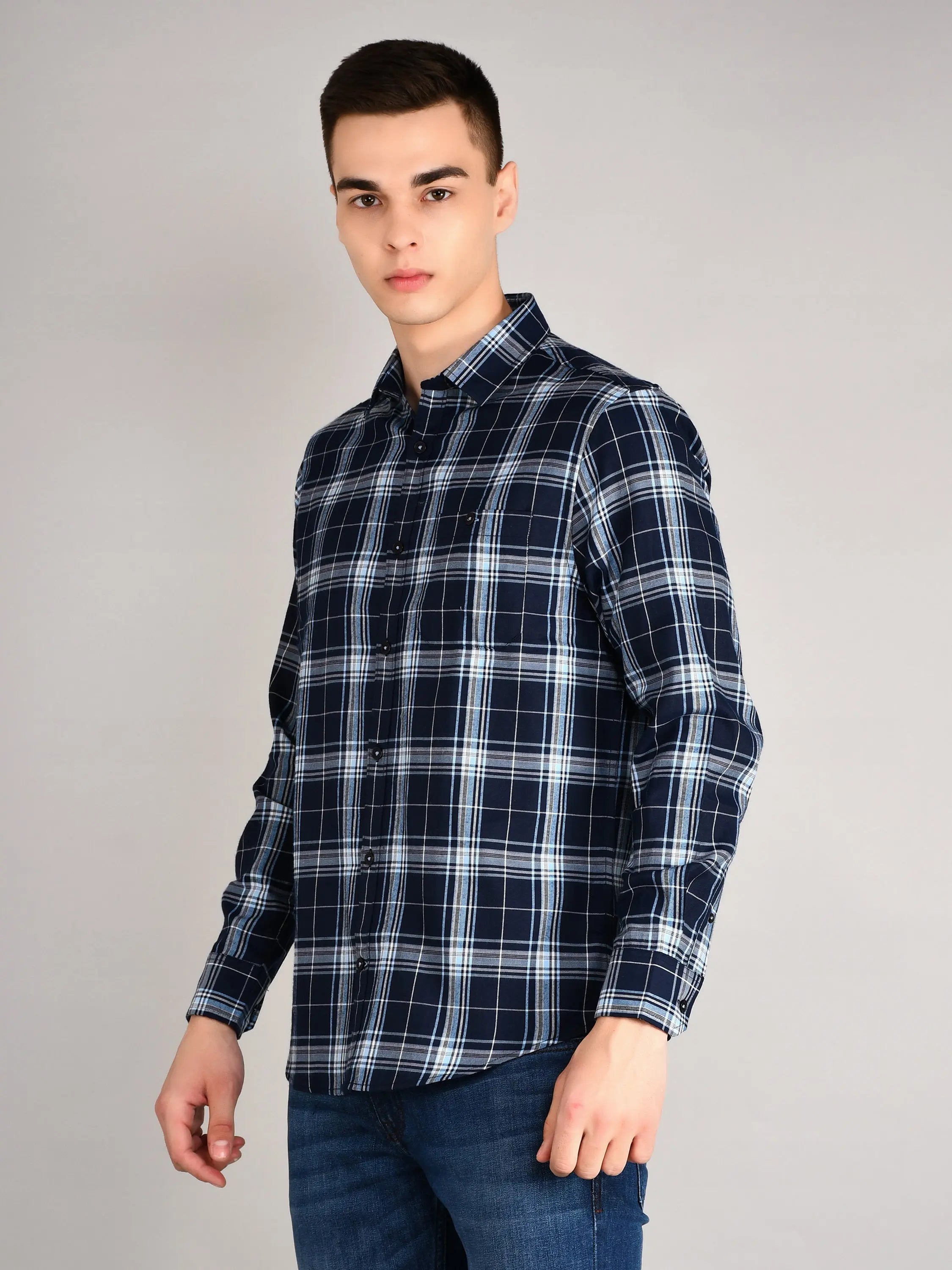Navy Blue Checkered Regular Fit Shirt Tim Paris