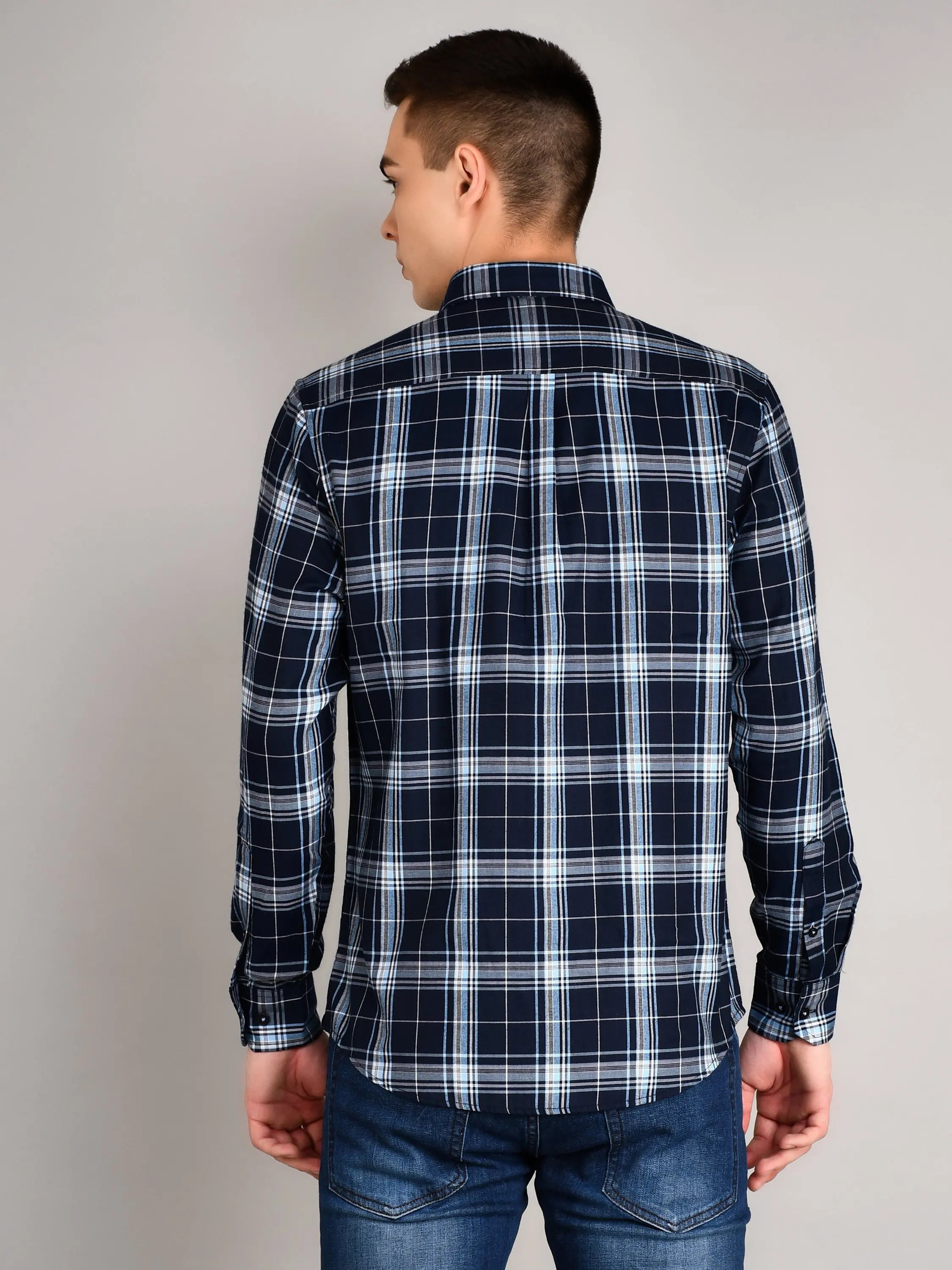 Navy Blue Checkered Regular Fit Shirt Tim Paris