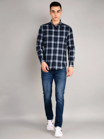 Navy Blue Checkered Regular Fit Shirt Tim Paris