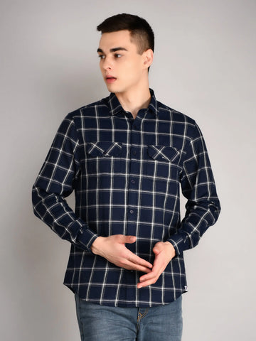 Navy Blue Checkered Regular Fit Shirt TIM PARIS