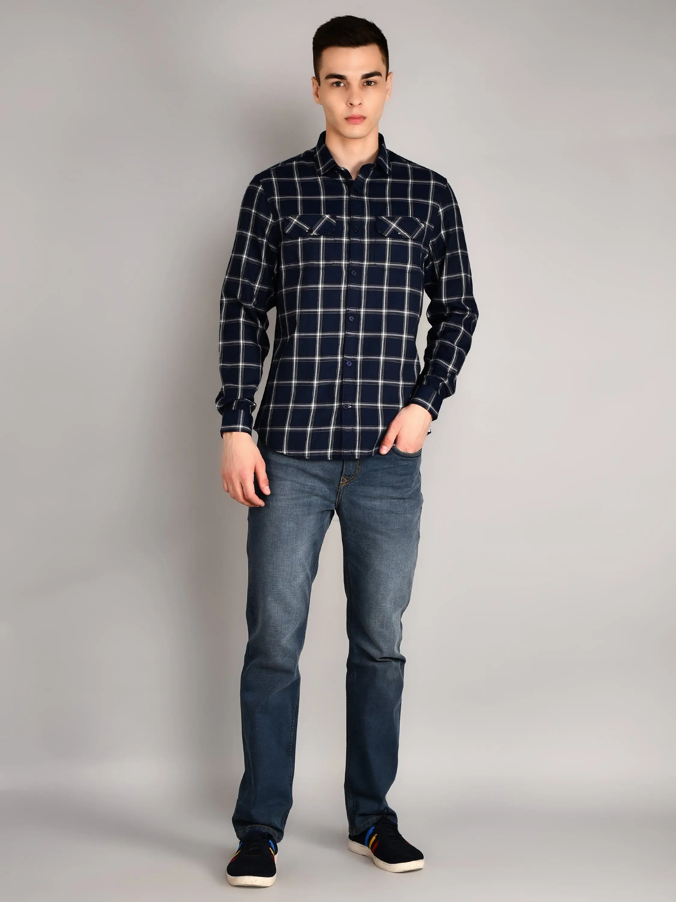 Navy Blue Checkered Regular Fit Shirt TIM PARIS