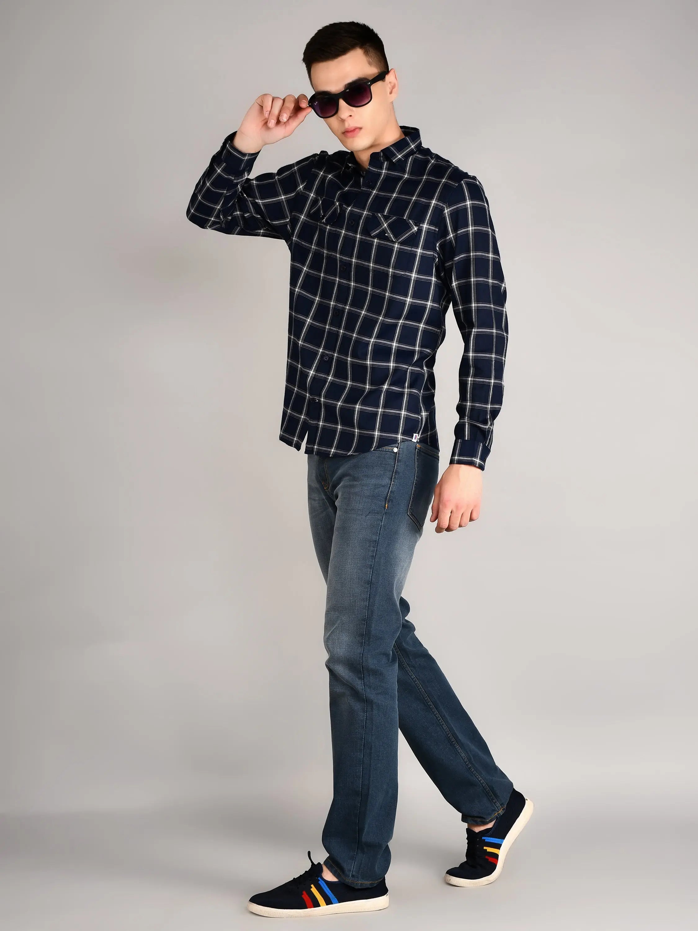 Navy Blue Checkered Regular Fit Shirt TIM PARIS