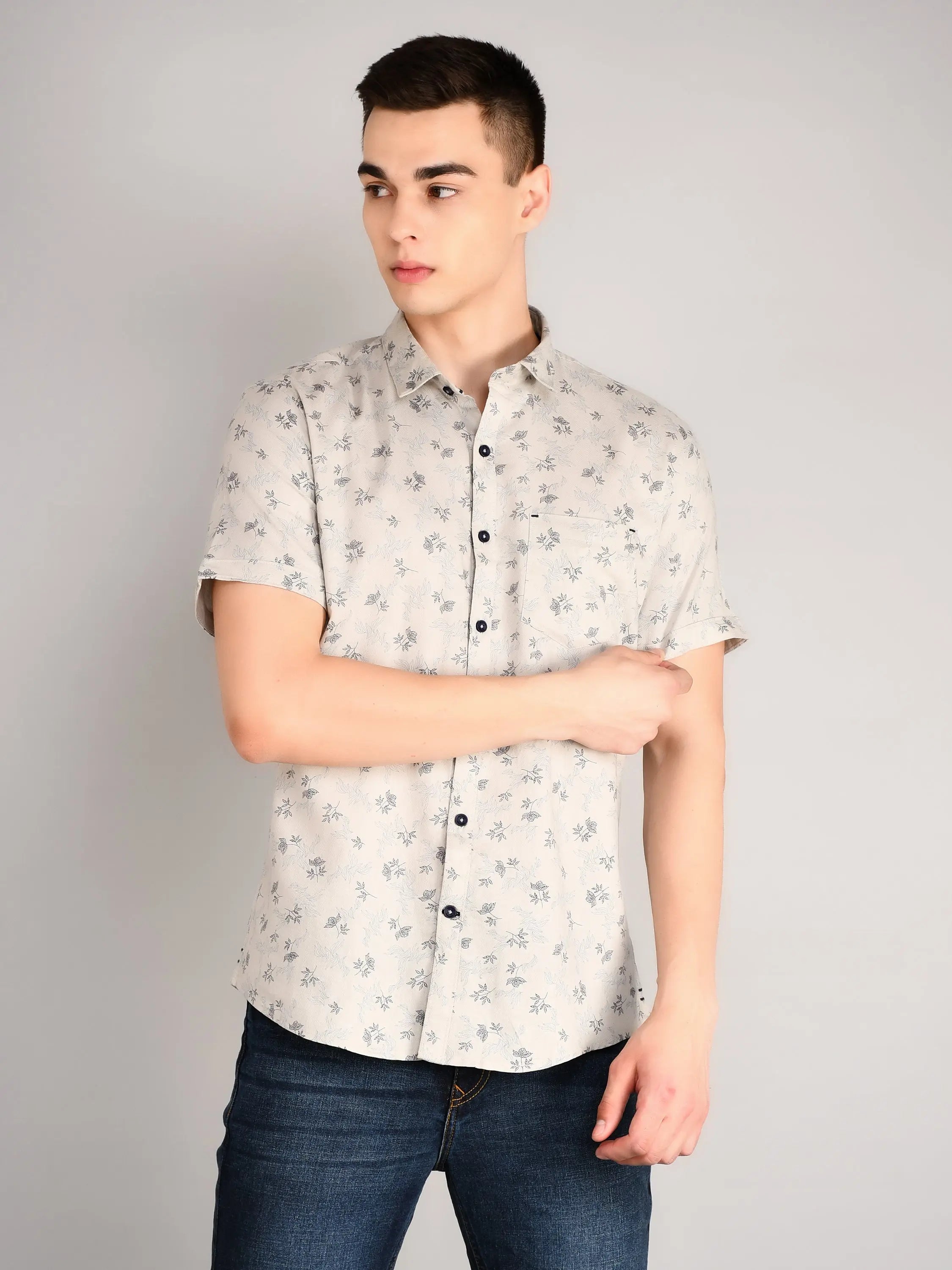 Grey Printed Regular Fit Shirt TIM PARIS