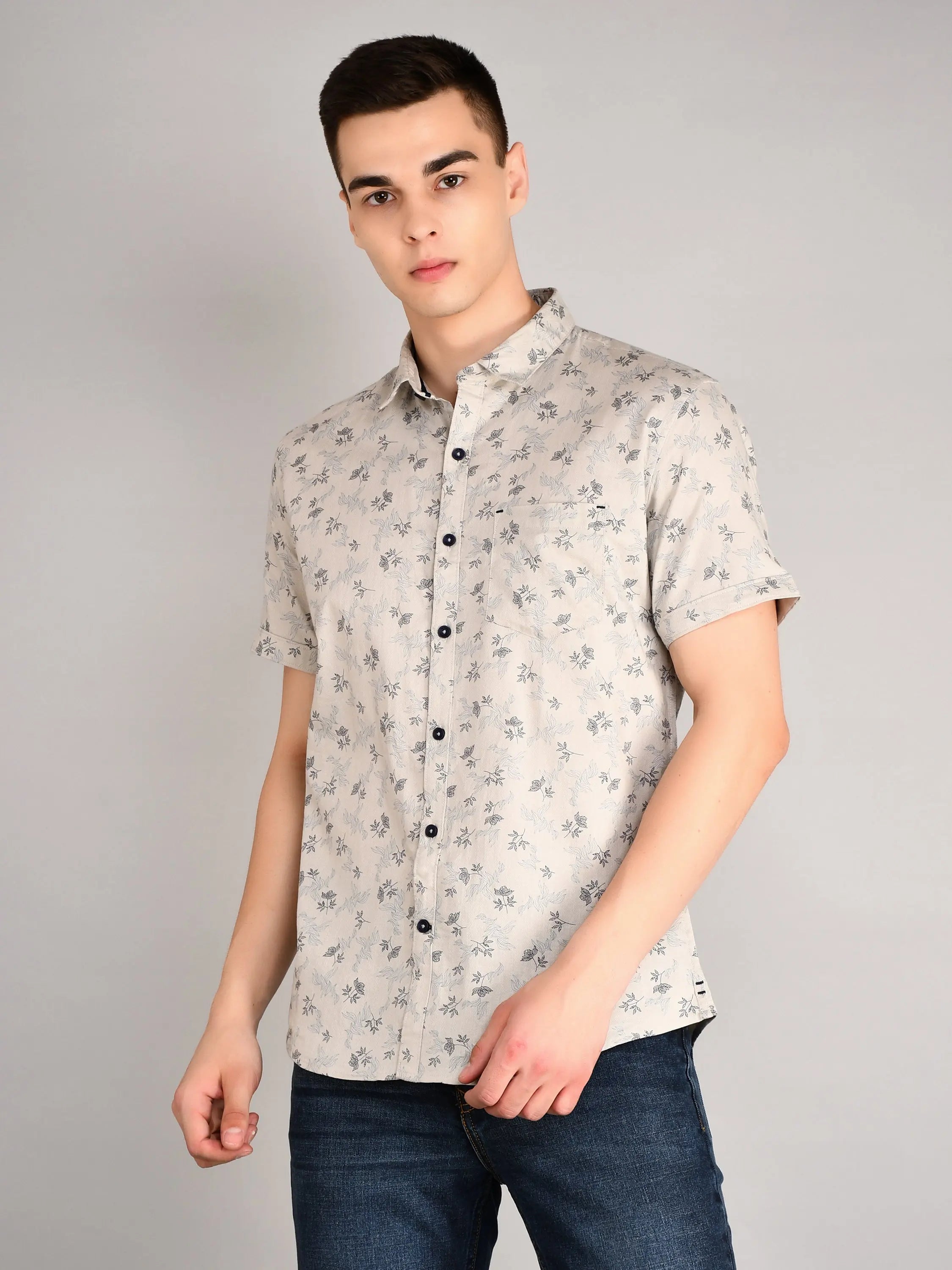 Grey Printed Regular Fit Shirt TIM PARIS