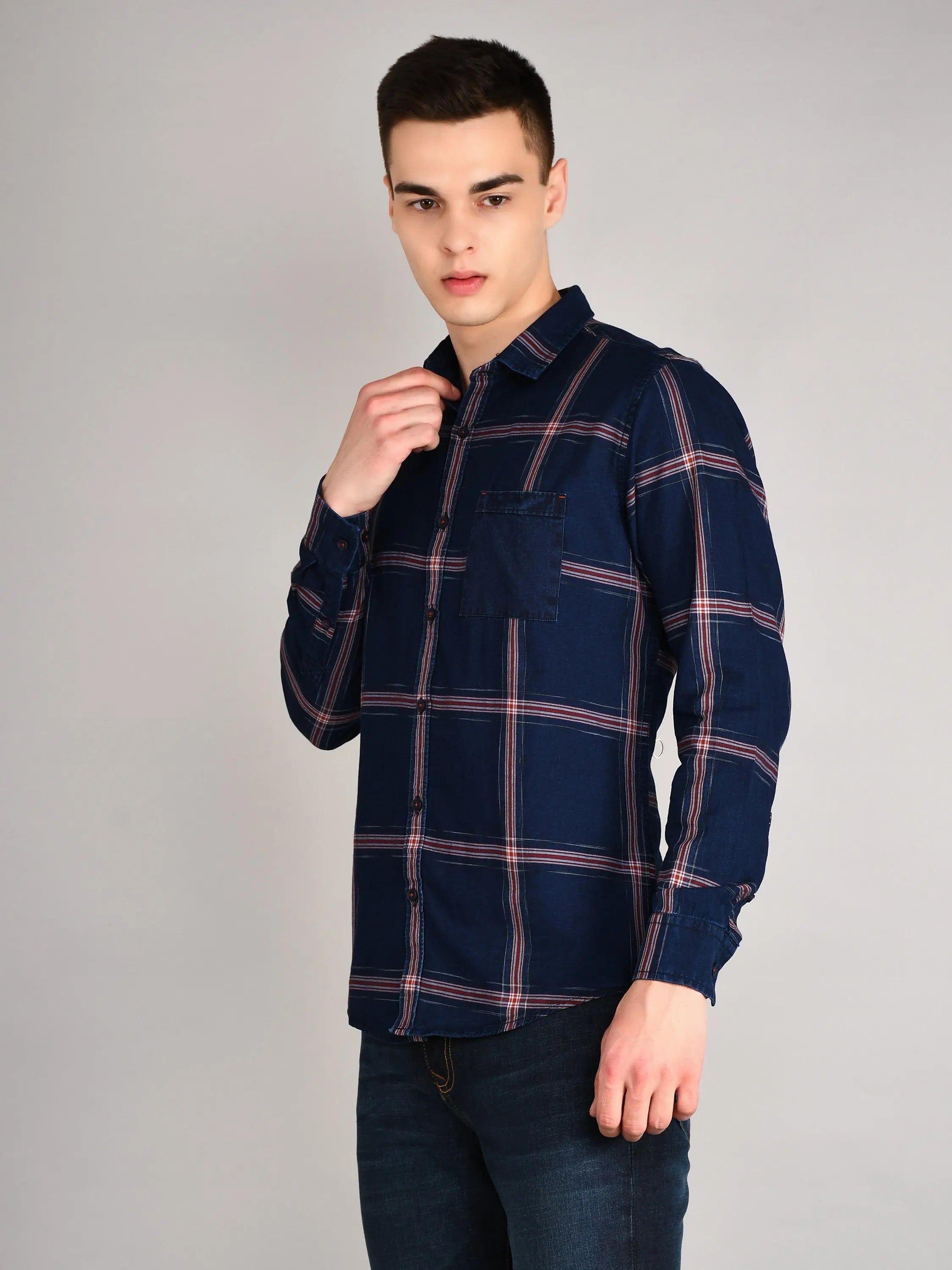 Navy-Red Checks Checkered Regular Fit Shirt TIM PARIS