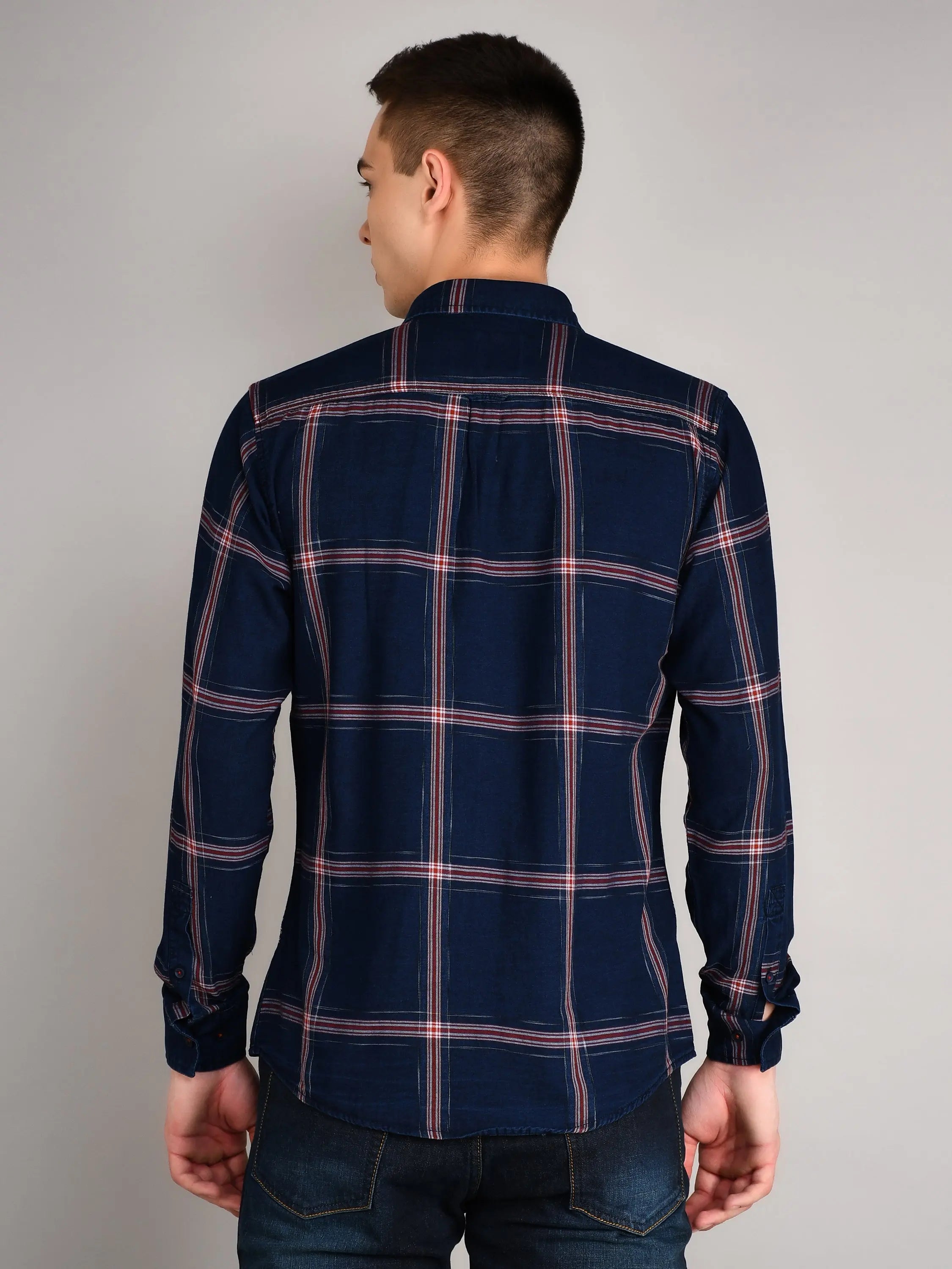 Navy-Red Checks Checkered Regular Fit Shirt TIM PARIS