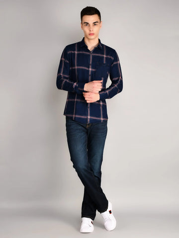 Navy-Red Checks Checkered Regular Fit Shirt TIM PARIS