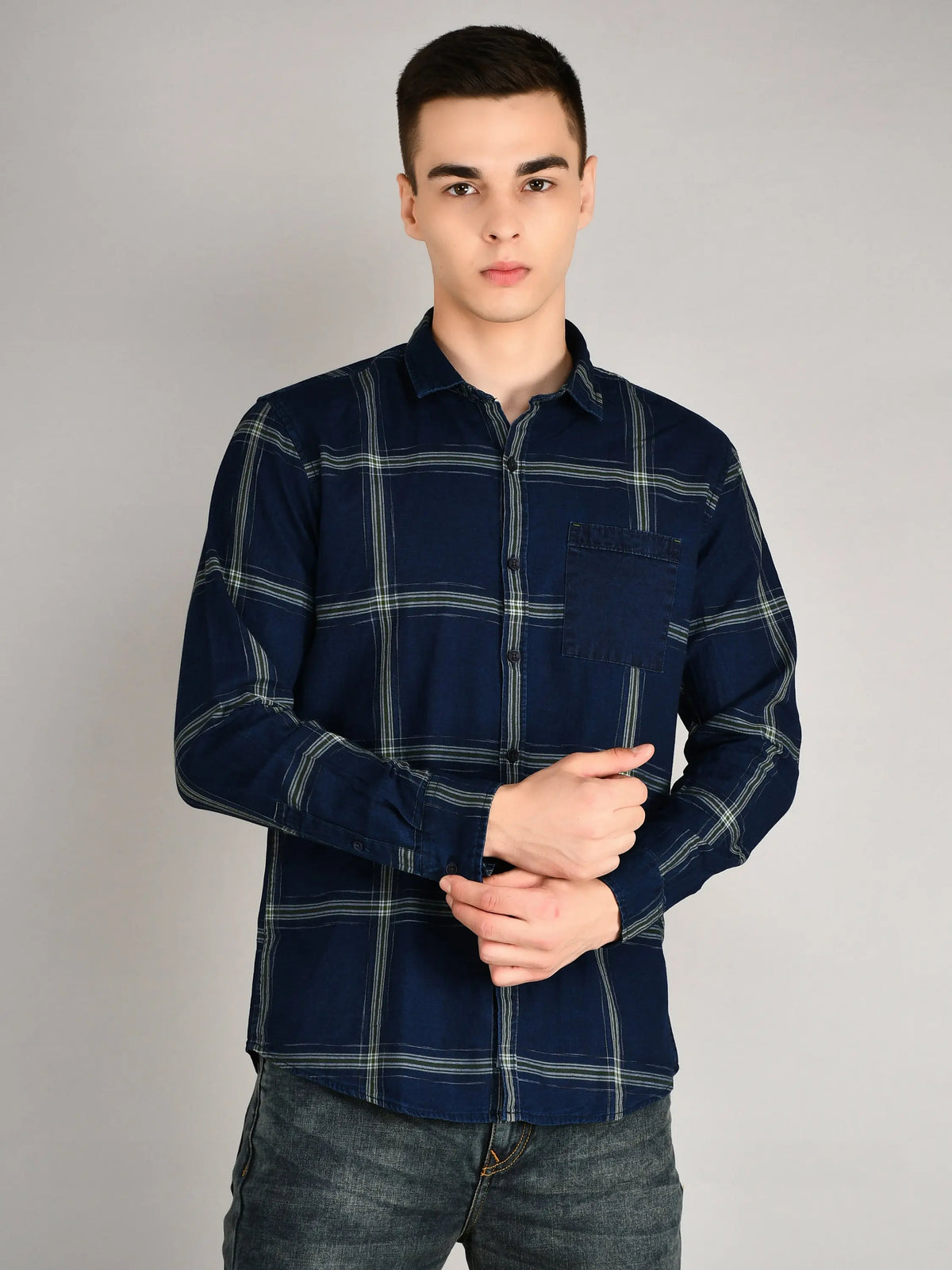 Navy-Green Checks Checkered Regular Fit Shirt TIM PARIS
