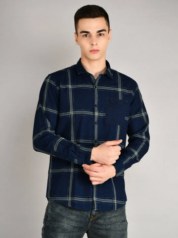 Navy-Green Checks Checkered Regular Fit Shirt TIM PARIS