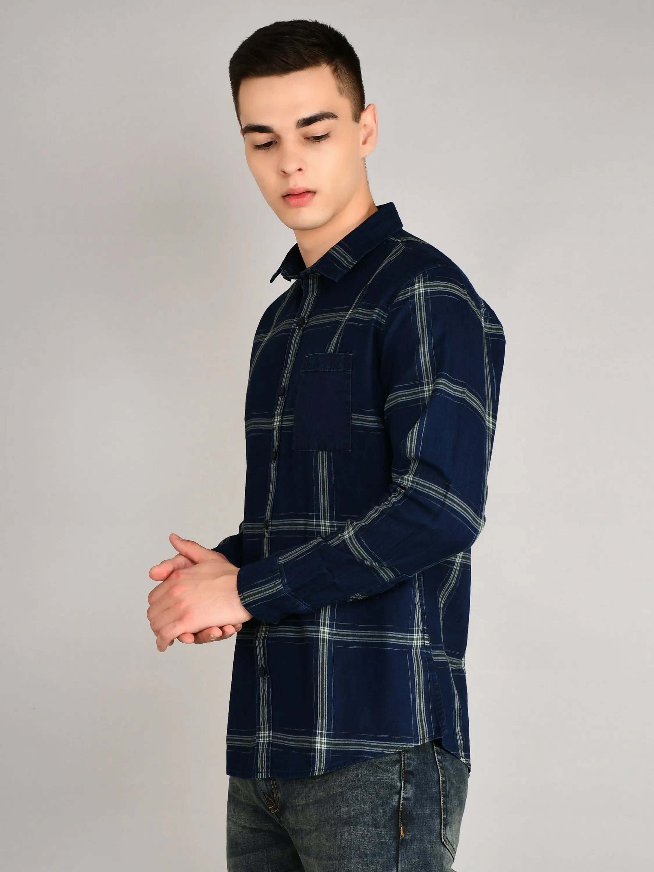 Navy-Green Checks Checkered Regular Fit Shirt TIM PARIS