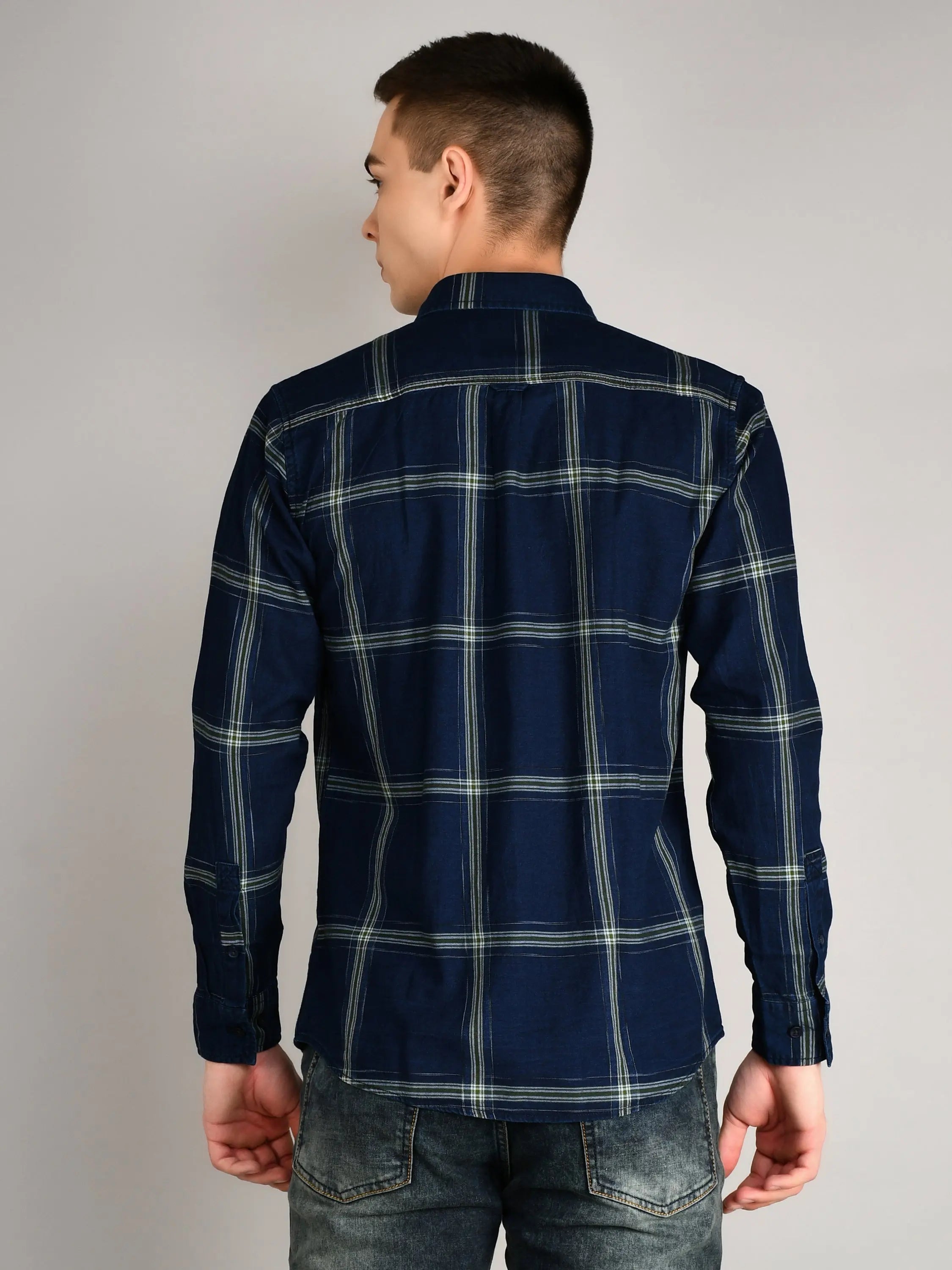 Navy-Green Checks Checkered Regular Fit Shirt TIM PARIS