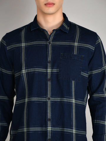 Navy-Green Checks Checkered Regular Fit Shirt TIM PARIS
