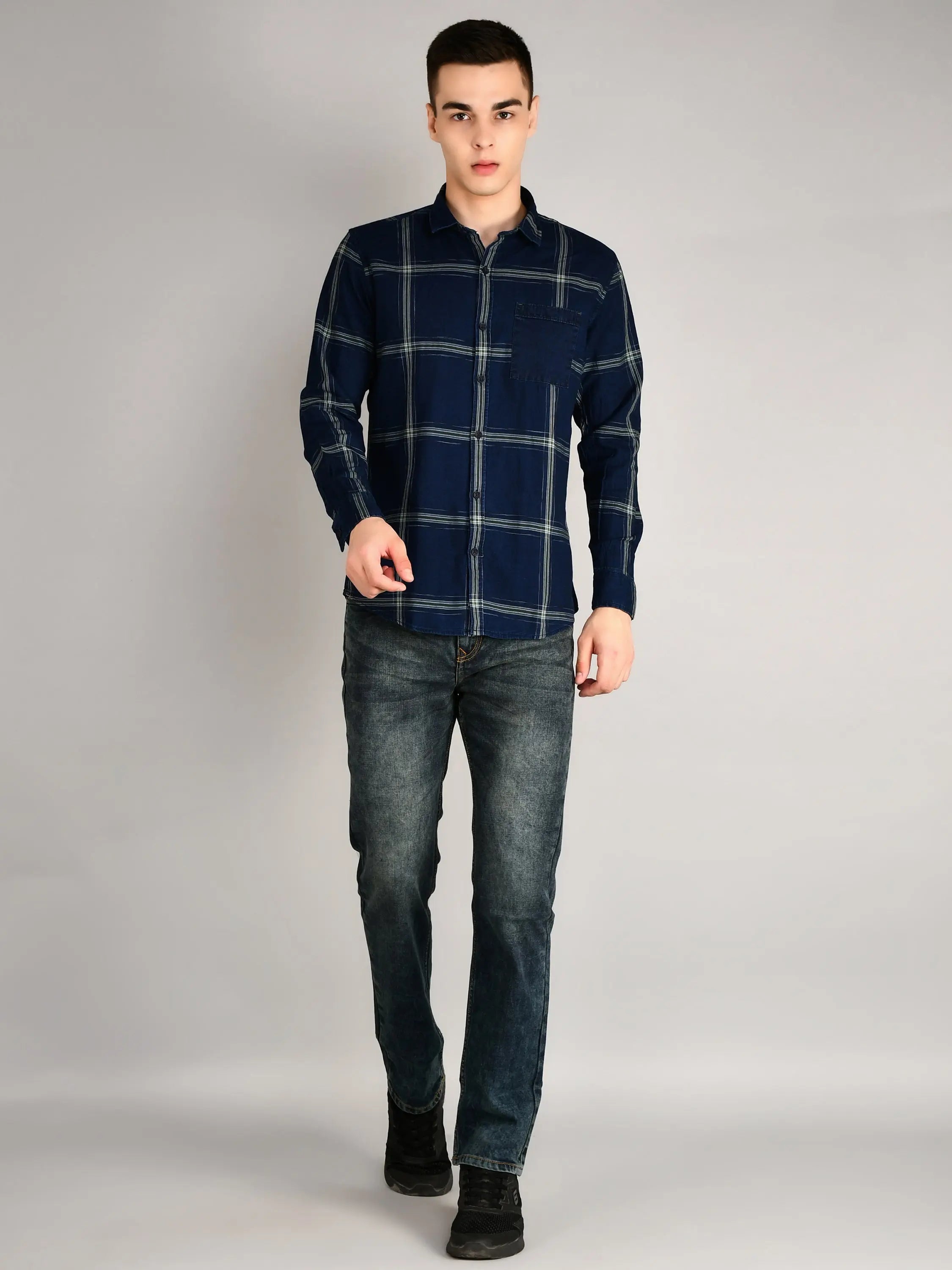 Navy-Green Checks Checkered Regular Fit Shirt TIM PARIS