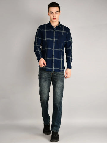 Navy-Green Checks Checkered Regular Fit Shirt TIM PARIS
