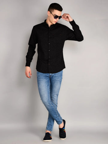 Black Printed Mandarin Collar Shirt Tim Paris