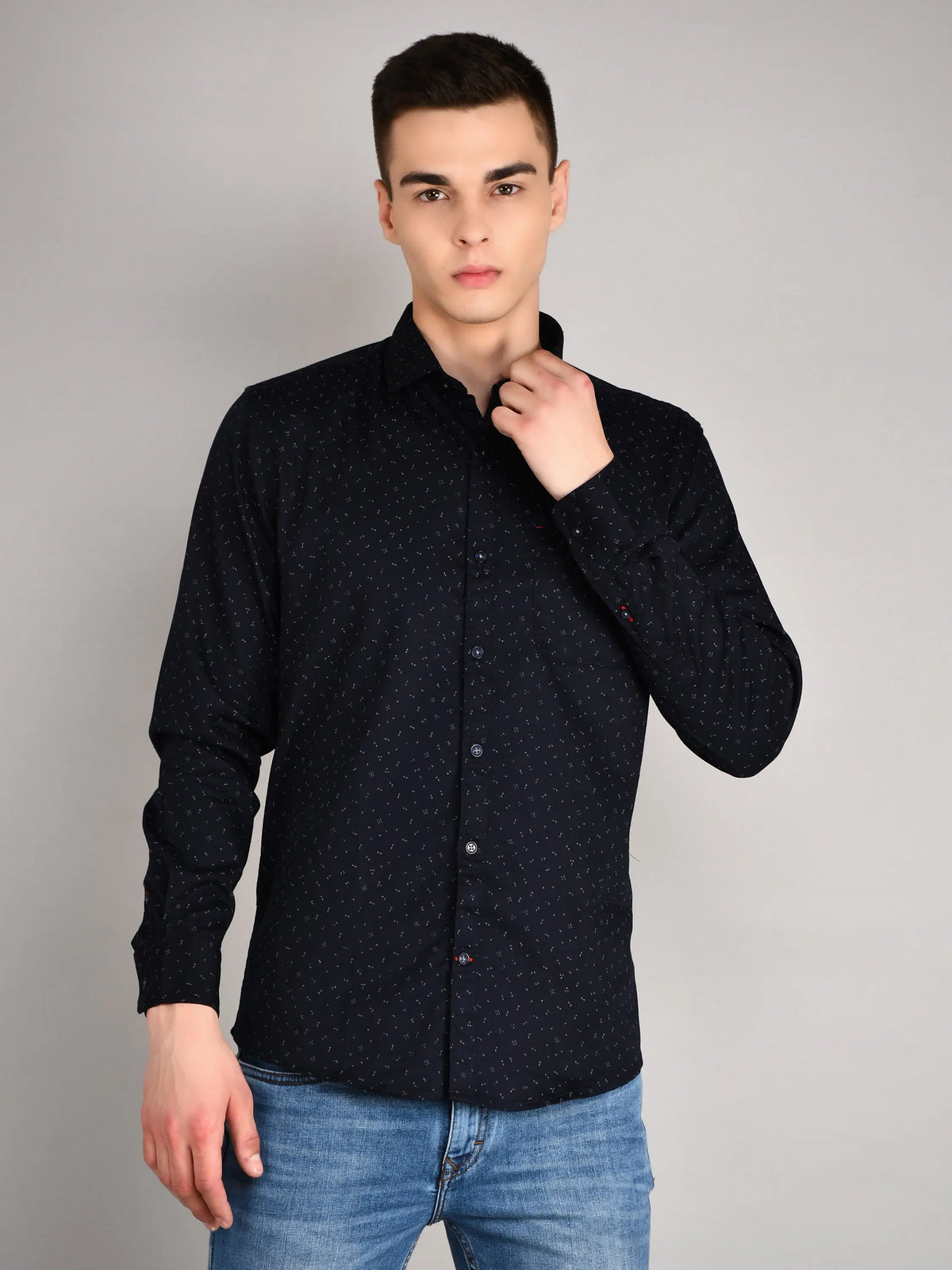 Navy Blue Printed Regular Fit Shirt TIM PARIS
