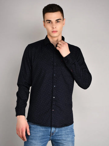 Navy Blue Printed Regular Fit Shirt TIM PARIS