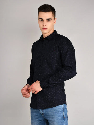 Navy Blue Printed Regular Fit Shirt TIM PARIS