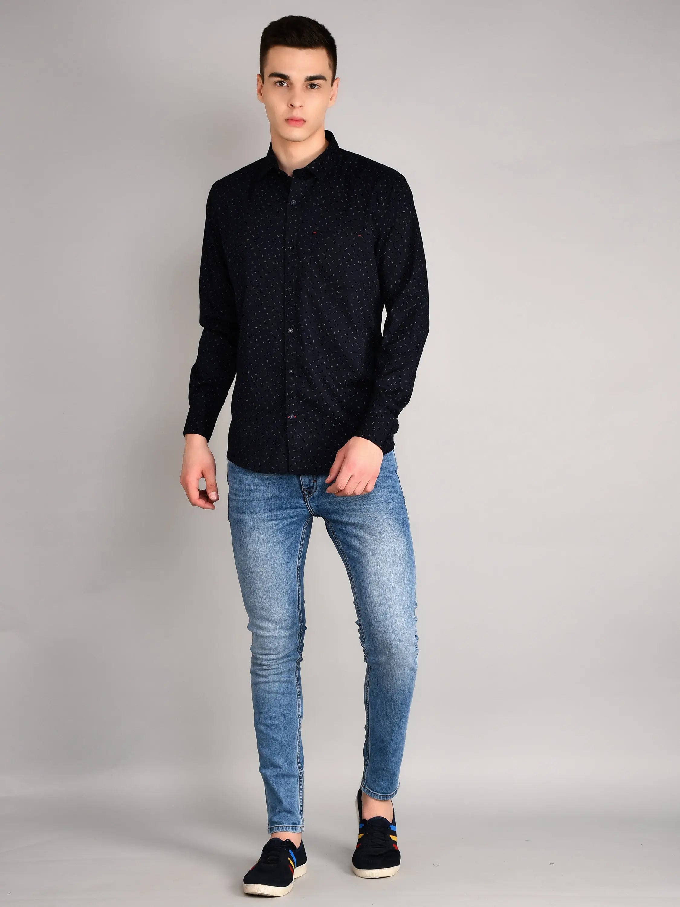 Navy Blue Printed Regular Fit Shirt TIM PARIS
