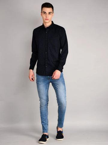 Navy Blue Printed Regular Fit Shirt TIM PARIS