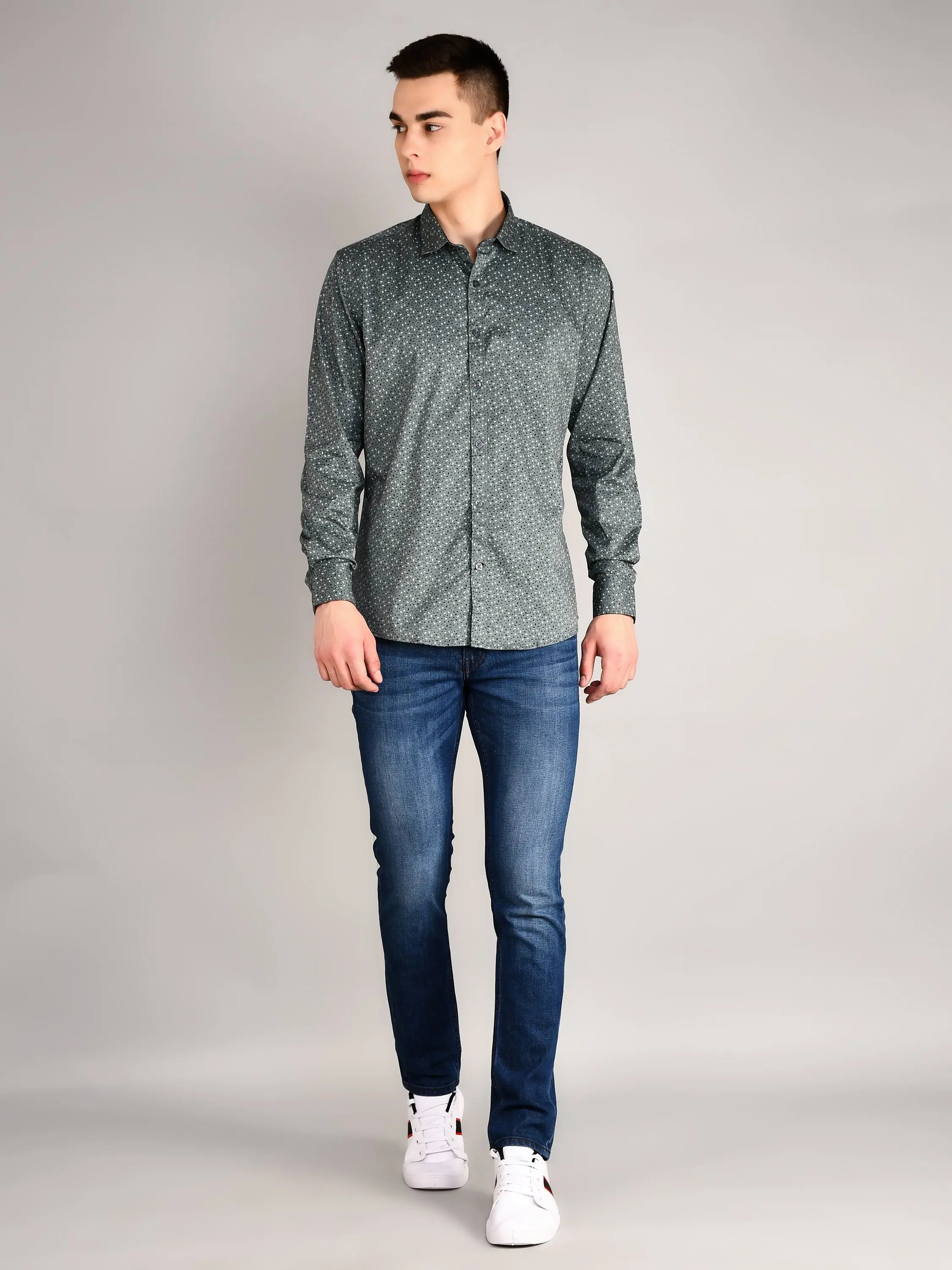 Sea Green Printed Regular Fit Shirt TIM PARIS