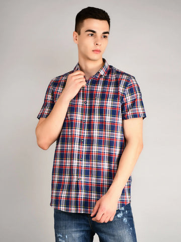 Navy & Red Checked Half Sleeve Shirt Tim Paris