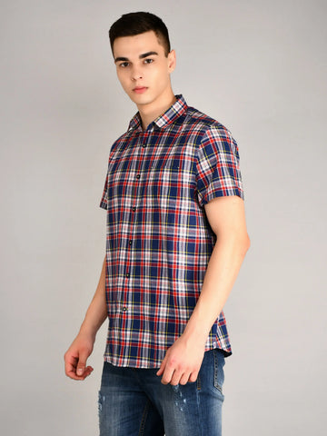 Navy & Red Checked Half Sleeve Shirt Tim Paris