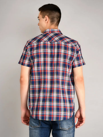 Navy & Red Checked Half Sleeve Shirt Tim Paris