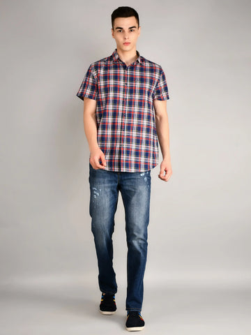 Navy & Red Checked Half Sleeve Shirt Tim Paris