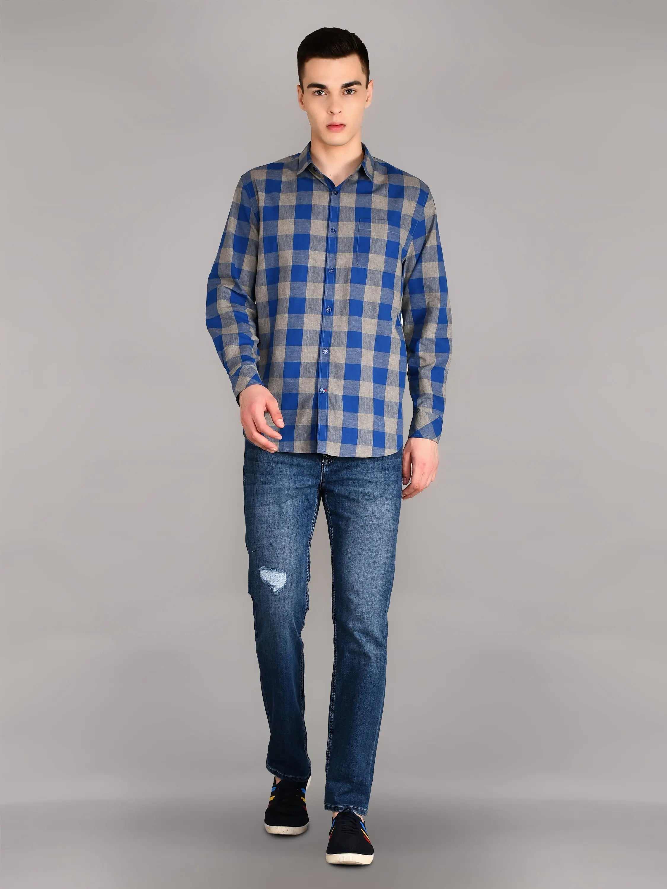 Blue Grey Checks Checkered Regular Fit Shirt TIM PARIS