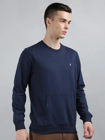 Navy Blue Solid Kangaroo Pocket Sweatshirt Tim Paris