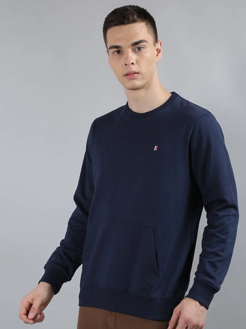 Navy Blue Solid Kangaroo Pocket Sweatshirt Tim Paris