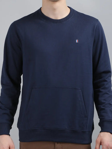 Navy Blue Solid Kangaroo Pocket Sweatshirt Tim Paris
