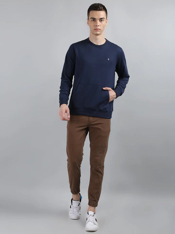 Navy Blue Solid Kangaroo Pocket Sweatshirt Tim Paris