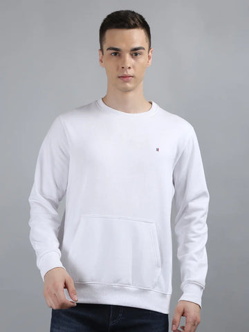 White Solid Kangaroo Pocket Sweatshirt Tim Paris