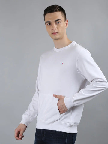 White Solid Kangaroo Pocket Sweatshirt Tim Paris