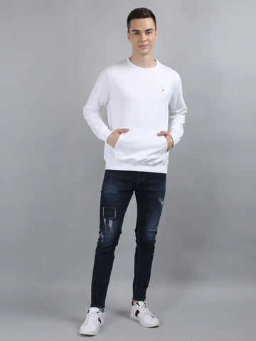White Solid Kangaroo Pocket Sweatshirt Tim Paris
